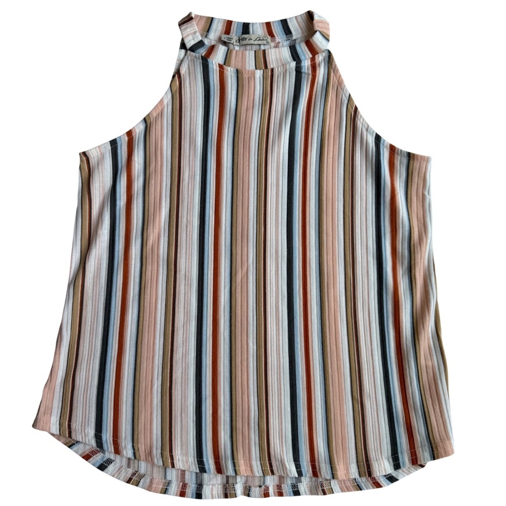 All in Love Womens Ribbed Halter Top Multi Color Striped Button Back Size M